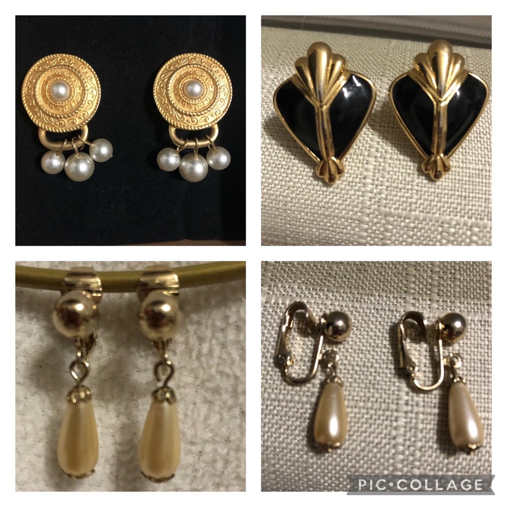 3 Pairs bundle of Vintage Clip On Earrings, 80s, gold tone